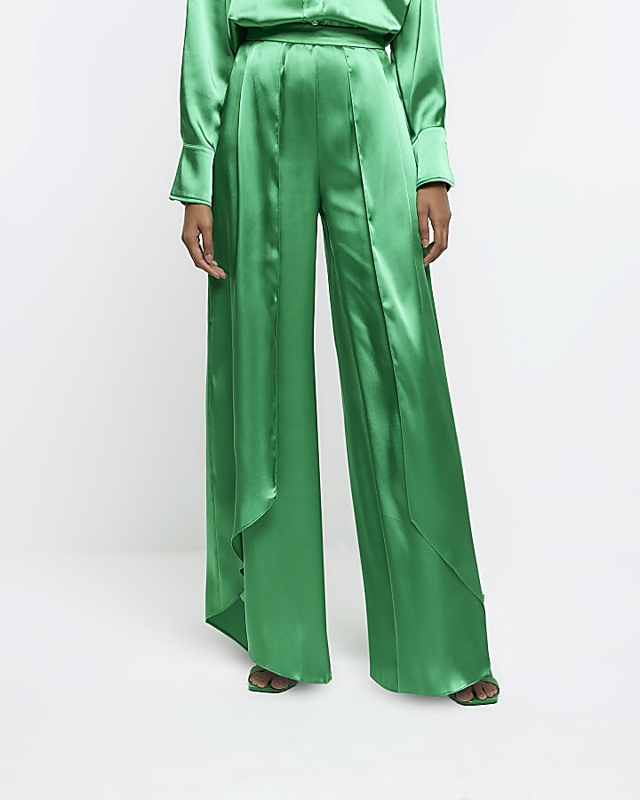 Green satin wrap over wide leg trousers