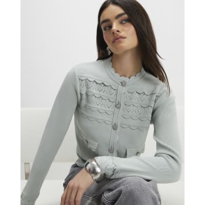 Green Scallop Trim Diamante Button Cardigan