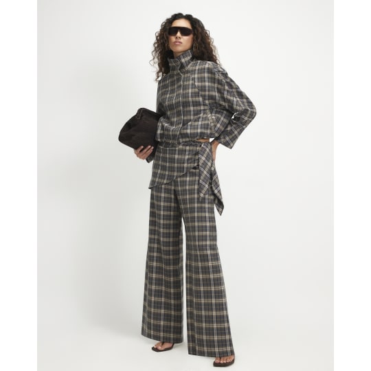 River Island Green Scarf Detail Check Wide Leg Trousers
