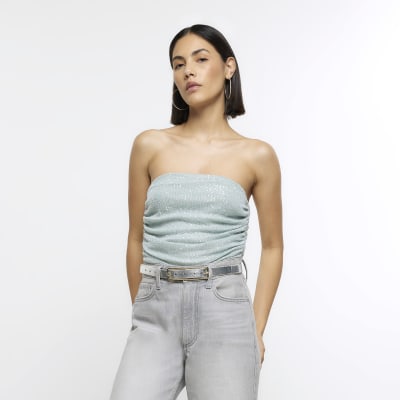 Green sequin bandeau top | River Island