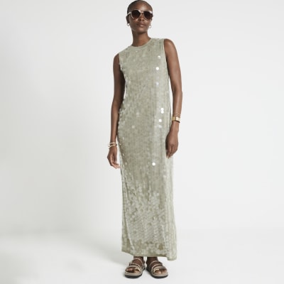 Green sequin bodycon maxi dress | River Island