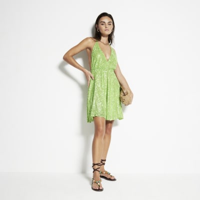 Green Sequin embellished Plunge Mini Dress River Island