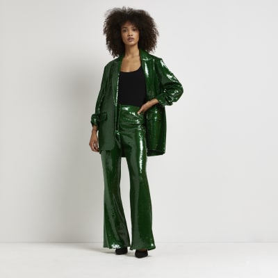 Green sequin flared trousers | River Island