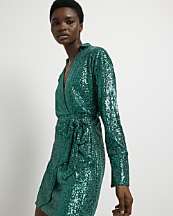 Green sequin long sleeve wrap mini dress