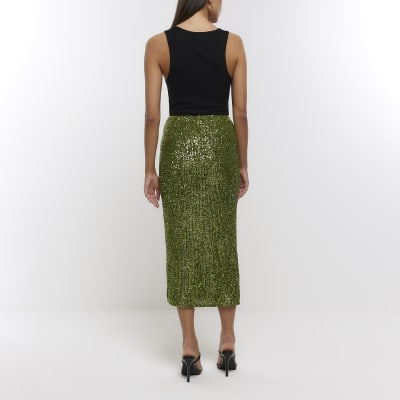 Green sequin midi skirt River Island