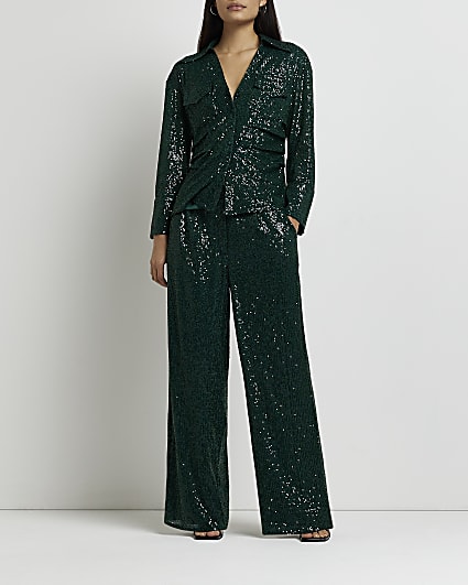 Green sequin straight leg trousers