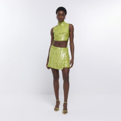 Green sequin wrap mini skirt | River Island