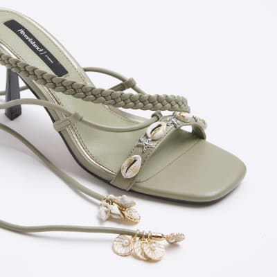 Green shell detail lace up heeled sandals River Island