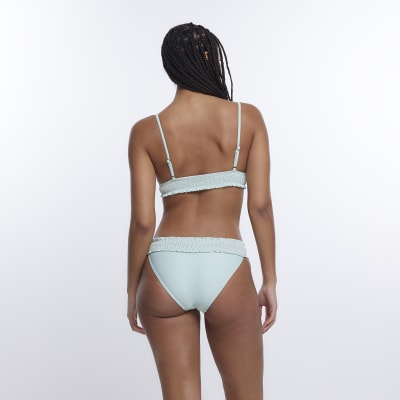 Green shirred waist bikini bottoms