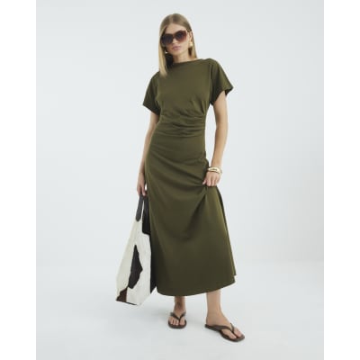 Green Short Sleeve Drape Side Midi Dress | River Island