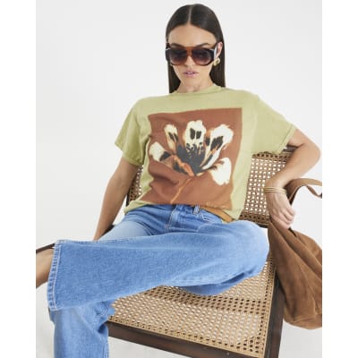 Green Short Sleeve Floral Print T-shirt