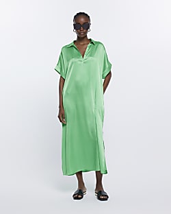 Green short sleeve midi shift dress