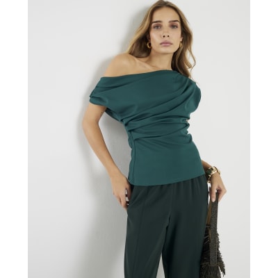 Green Short Sleeve Off Shoulder Drape Top