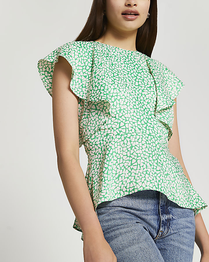 Green short sleeve peplum blouse
