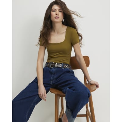 Green Short Sleeve Scoop Neck Bodysuit