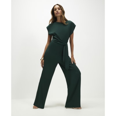 Short Sleeve Textured Tie Jumpsuit