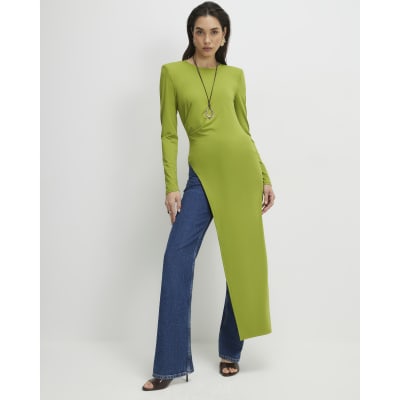 Green Shoulder Pad Long Asymmetric Top