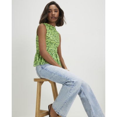 Green Sleeveless Ditsy Print Floral Top