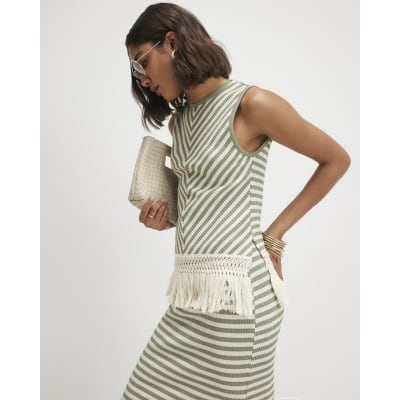 Sleeveless Fringe Striped Tank Top