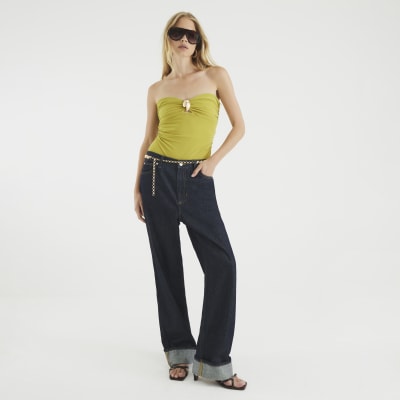 Green Sleeveless Gold Trim Bandeau Bodysuit