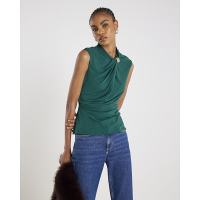 Green Sleeveless Ruched Gold Detail Top