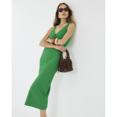 Green Sleeveless Textured Midi Dress