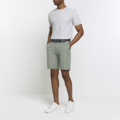 Green slim fit belted chino shorts River Island