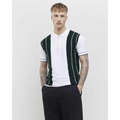 Green Slim Fit Block Stripe Knit Polo Shirt