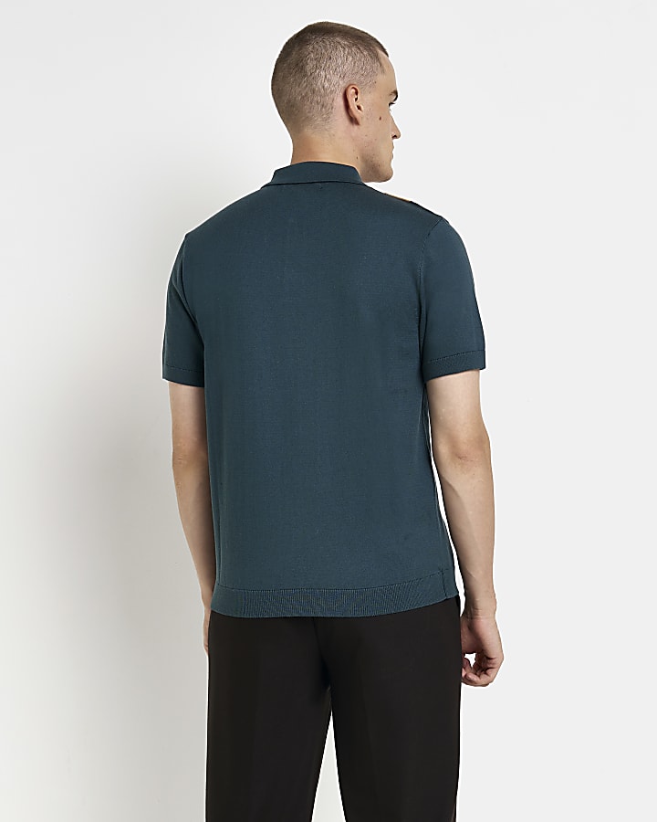 Green Slim fit colour Block knit Polo shirt