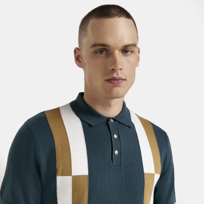 Green Slim fit colour Block knit Polo shirt River Island