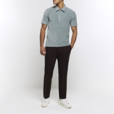 Green slim fit corduroy half zip polo | River Island