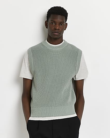 Green slim fit crew neck knitted vest