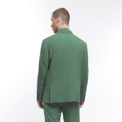 Green slim fit double breasted suit jacket
