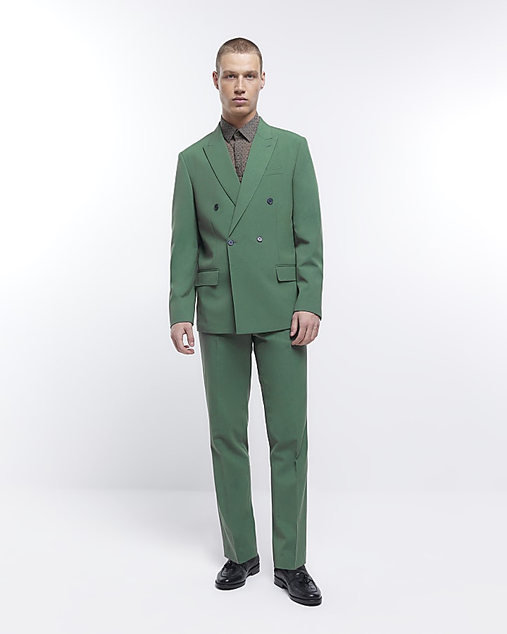 Green slim fit double breasted suit jacket