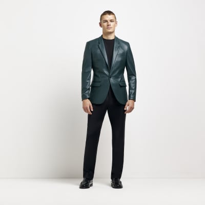 Green Slim fit Faux leather suit jacket River Island