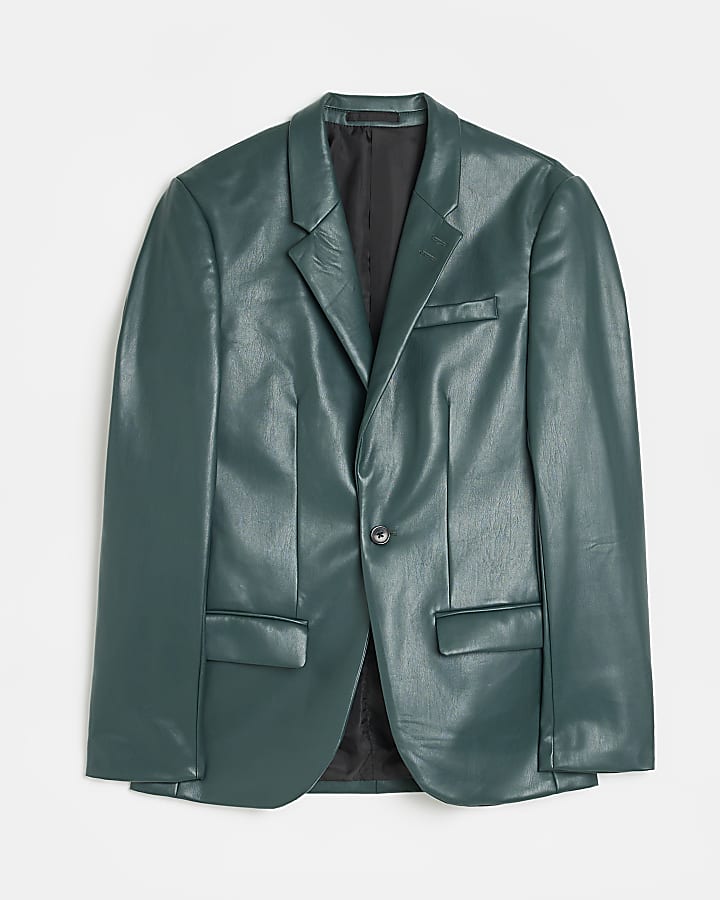 Green Slim fit Faux leather suit jacket