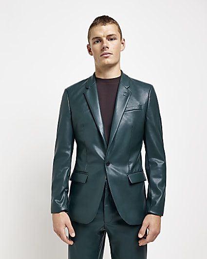 Green Slim fit Faux leather suit jacket