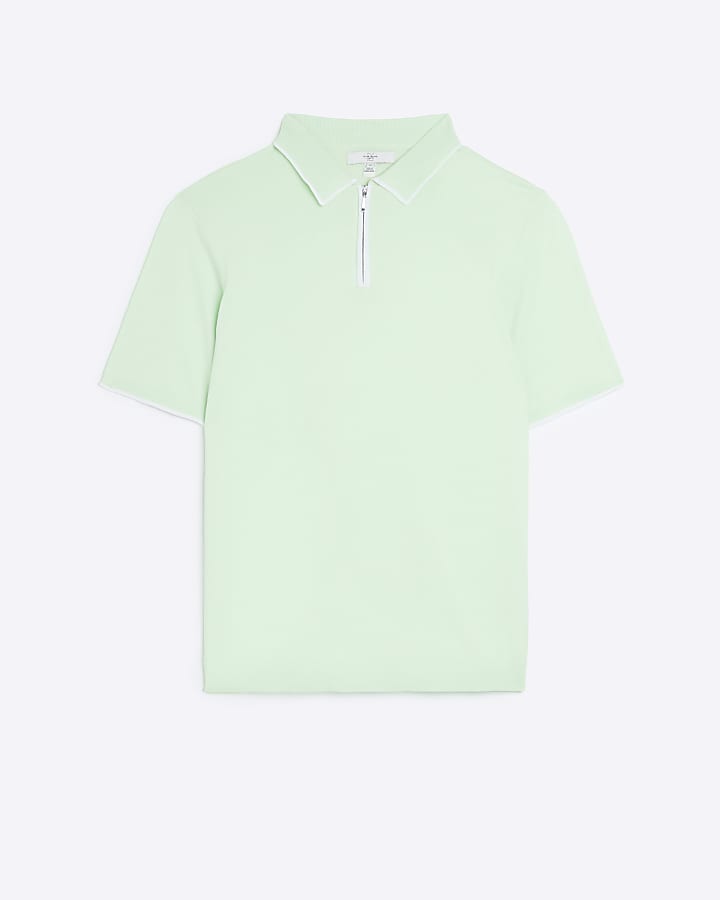Green slim fit knitted zip polo shirt