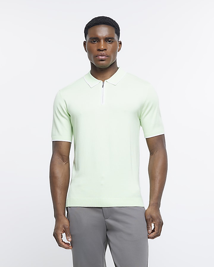 Green slim fit knitted zip polo shirt