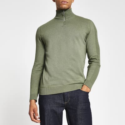 Green slim fit long sleeve funnel neck jumper River Island