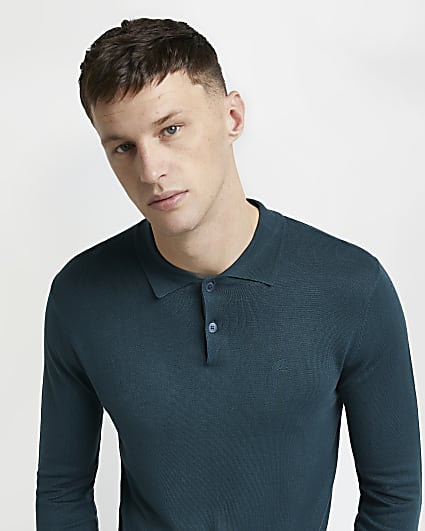 Green slim fit long sleeve knitted polo shirt