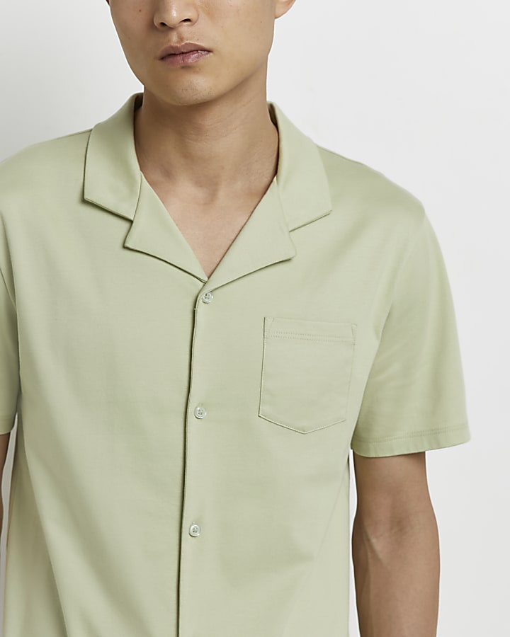 Green slim fit revere short sleeve shirt
