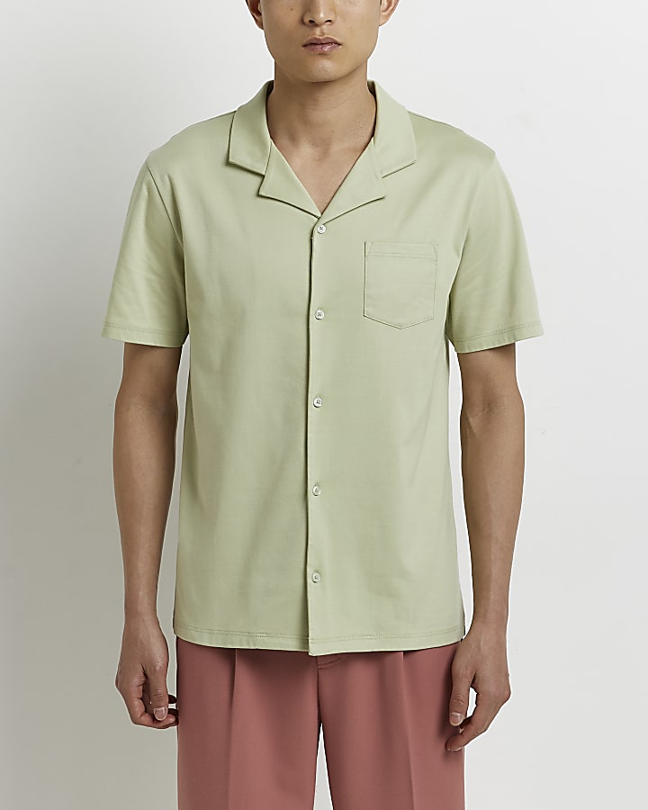 Green slim fit revere short sleeve shirt