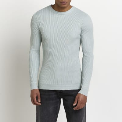 Green slim fit ribbed jumper River Island