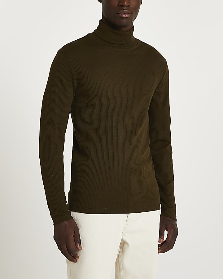 Green slim fit ribbed roll neck t-shirt