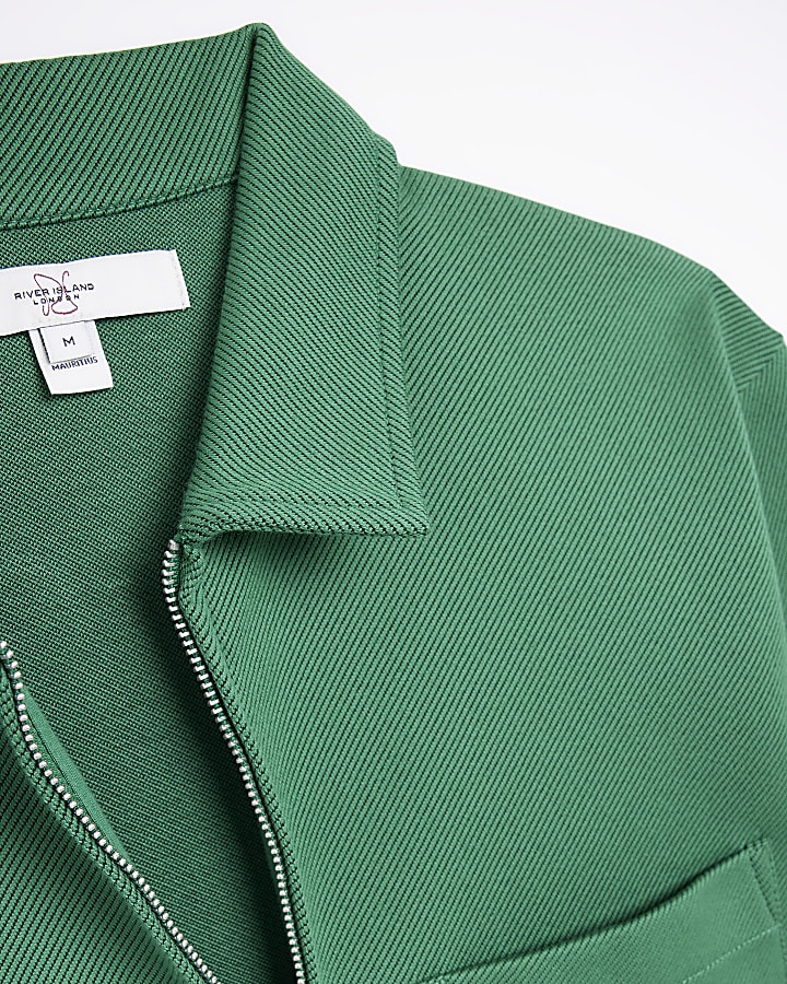 Green slim fit short sleeve zip up shacket