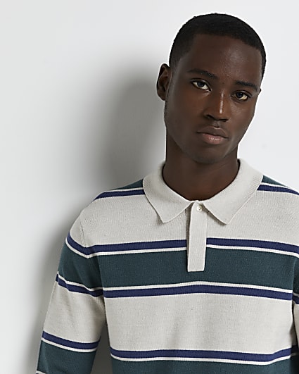 Green slim fit stripe knitted polo shirt