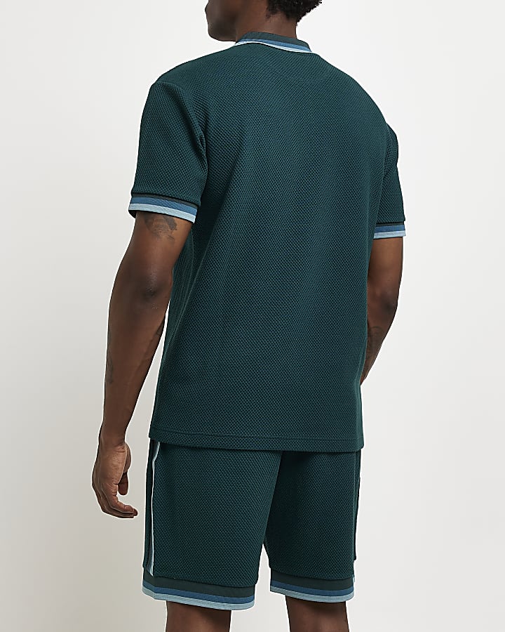 Green Slim fit stripe textured polo shirt