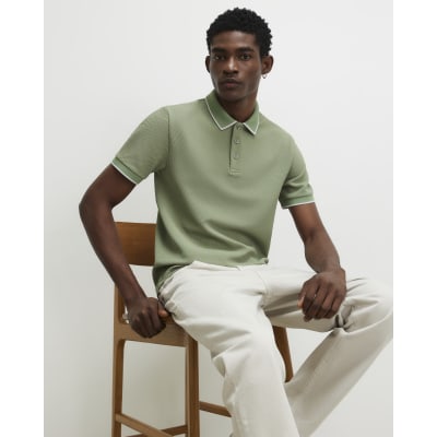 Green Slim Fit Textured Button Polo Shirt