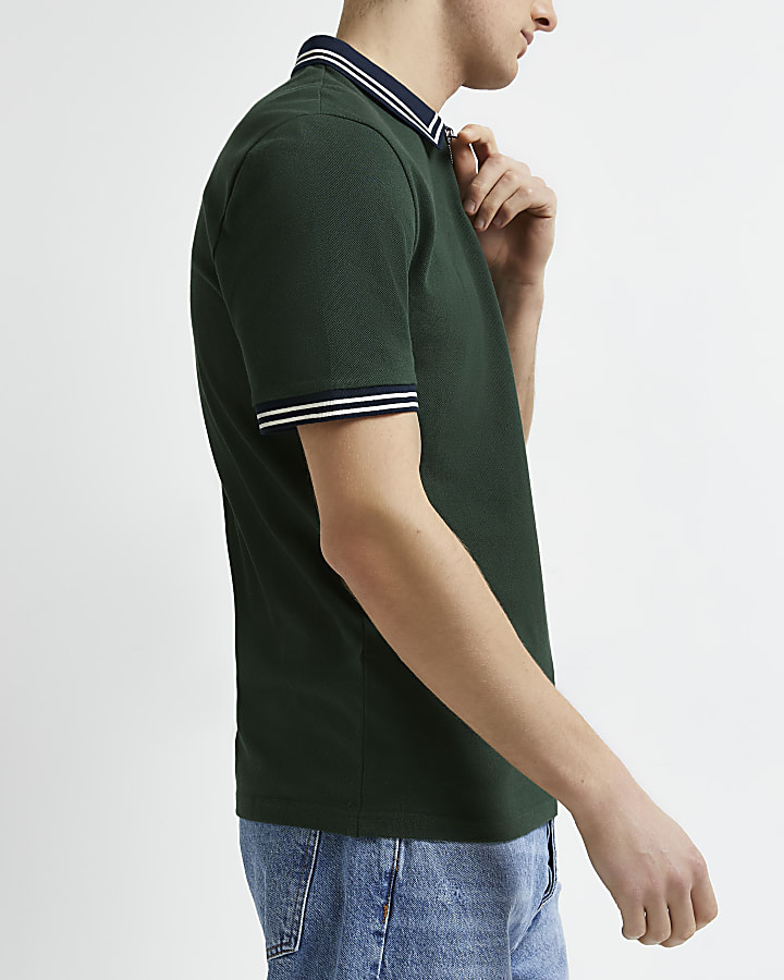 Green slim fit tipped pique polo shirt